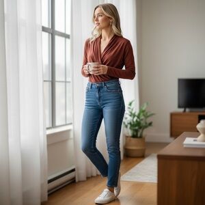 Escada Maroon V Gathered Neck Silk Long Sleeve Body Suit Blouse Size 36